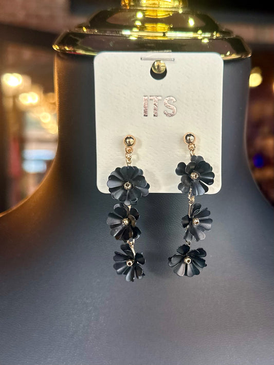 Black Triple Blossom Drop Earrings