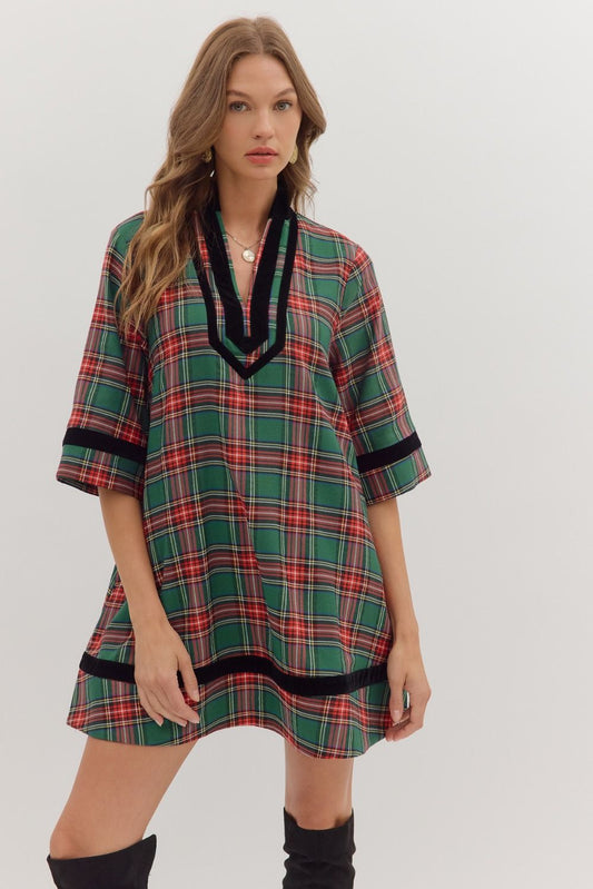 Green Plaid Velvet Contrast Mini Dress