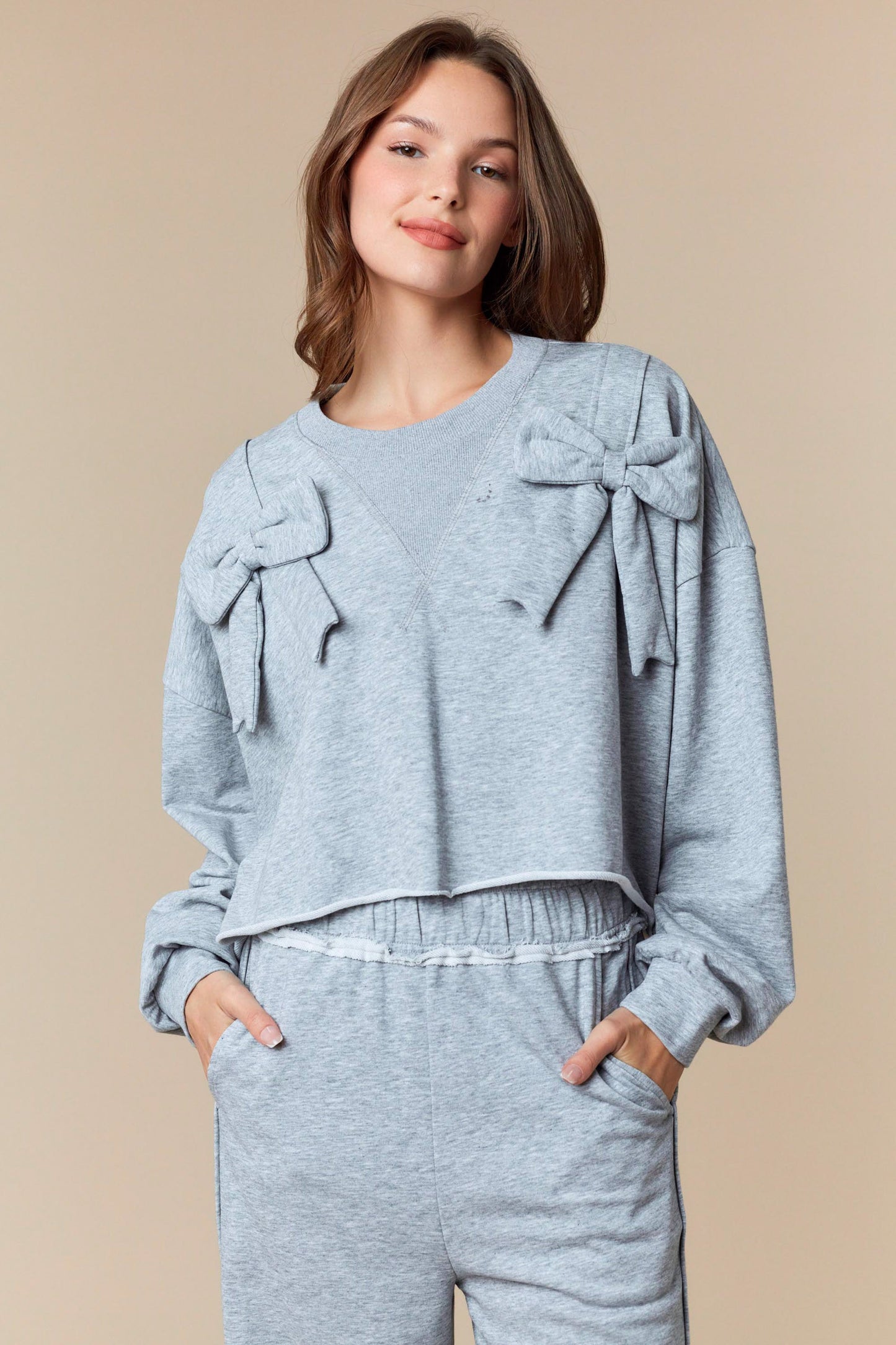 Heather Gray French Terry Bow Sweatshirt & Pants Set