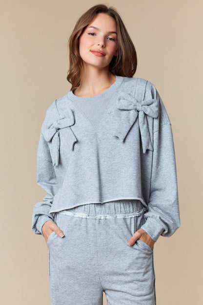 Heather Gray French Terry Bow Sweatshirt & Pants Set