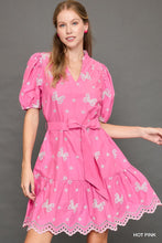 Load image into Gallery viewer, Hot Pink Eyelet Bow Mini Dress
