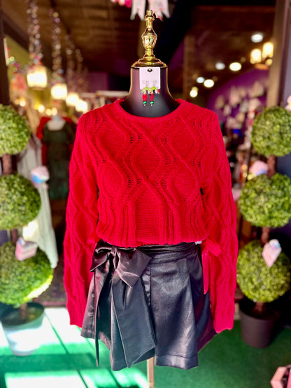 Red Satin Bow Tie Cable Knit Cropped Sweater