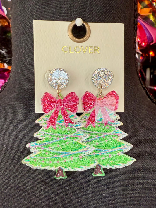 Glittery Christmas Tree & Bow Earrings