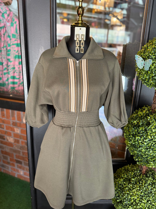 Olive Half Sleeve Zip Up Mini Dress