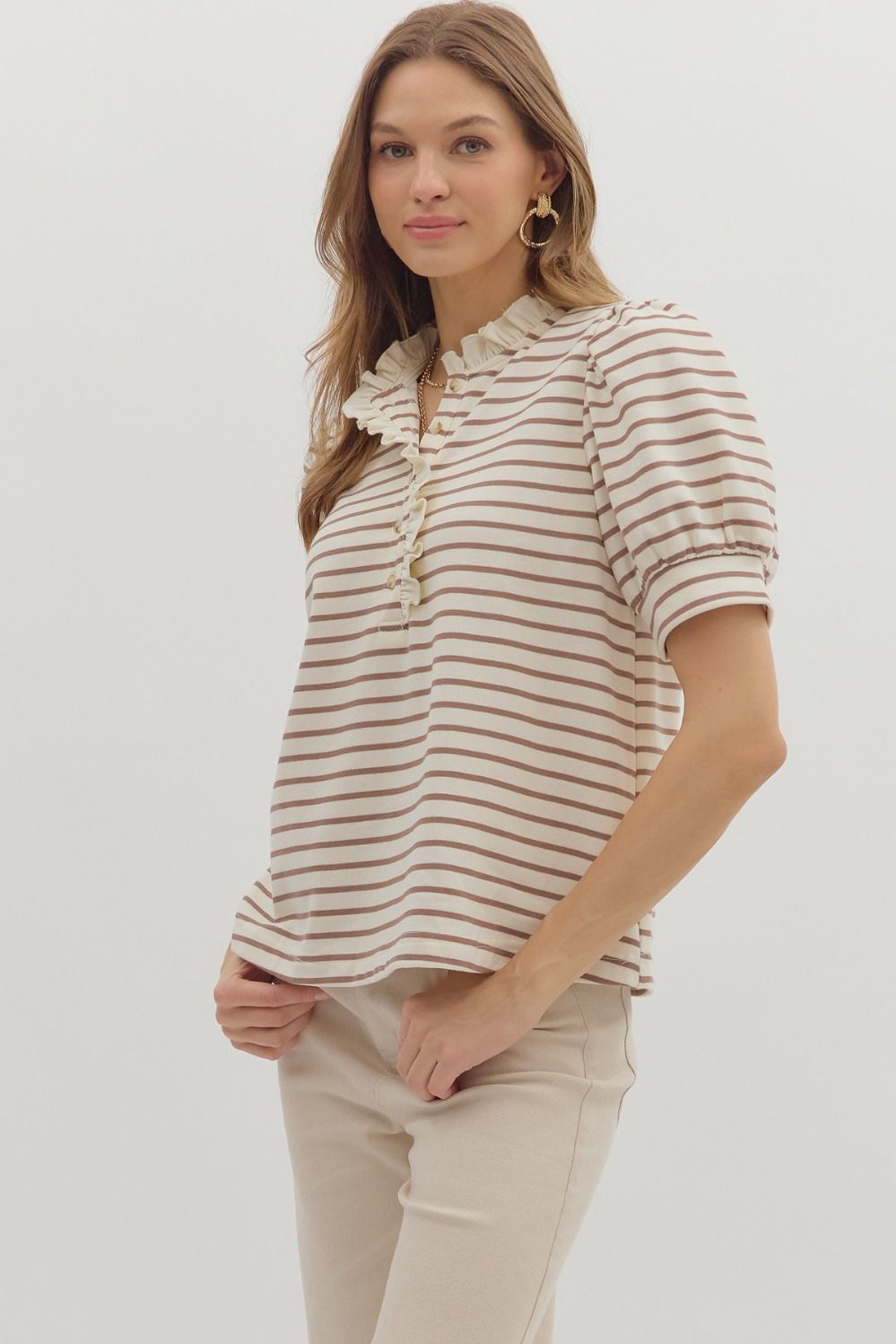 Cream & Mocha Striped Puff Sleeve Top
