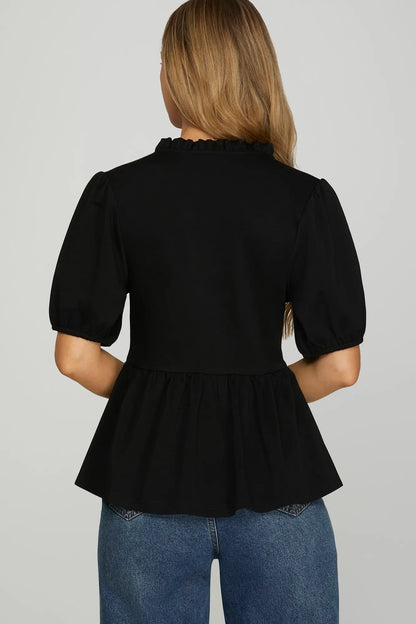 Black Short Sleeve Ruffle Neck Top