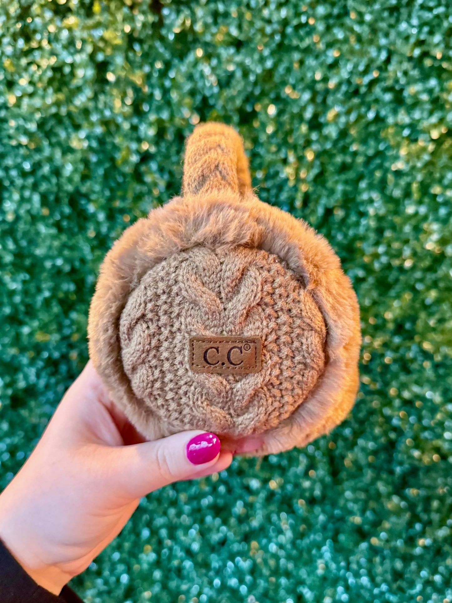 CC Taupe Cable Knit Furry Earmuffs