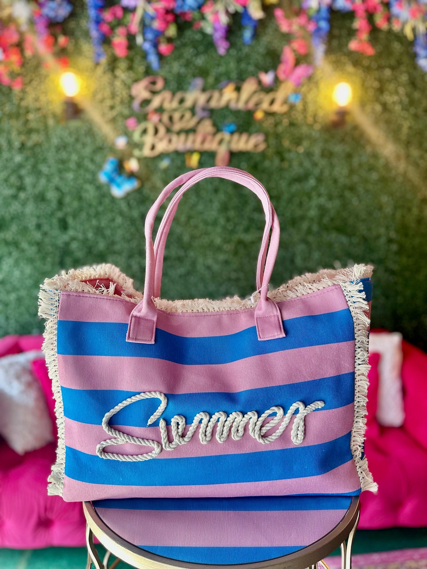 Pink & Blue Striped “Summer” Tote Bag