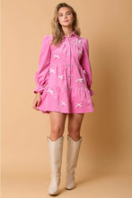 Load image into Gallery viewer, Pink Corduroy Shirt Dress With Bows
