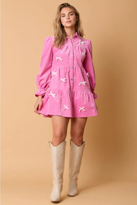 Pink Corduroy Shirt Dress With Bows