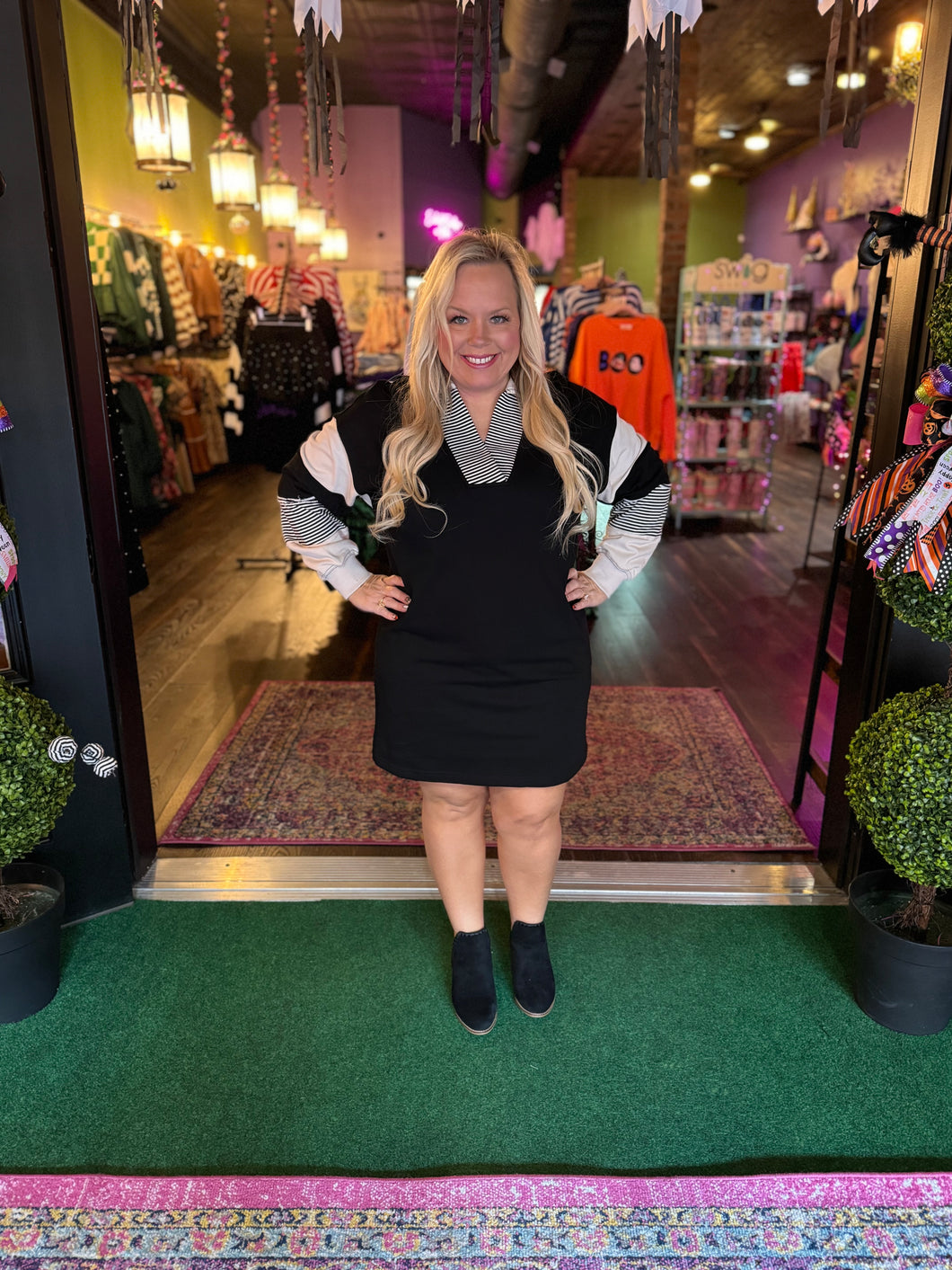 Black ColorBlock Collared Dress