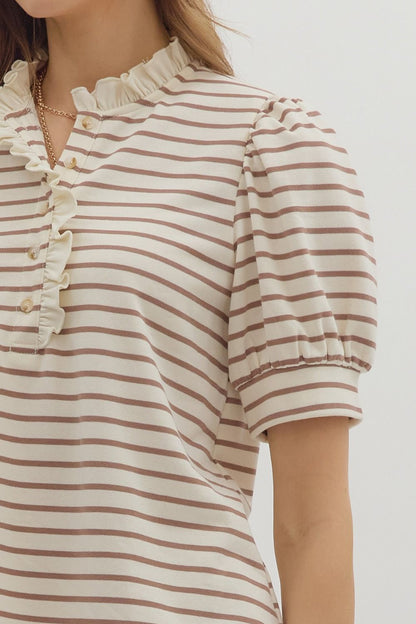 Cream & Mocha Striped Puff Sleeve Top