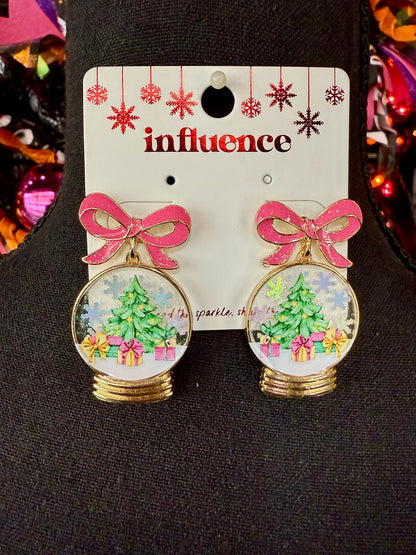 Pink Coquette Christmas Snowglobe Earrings