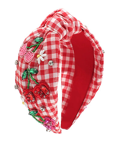 Picnic Plaid Beaded Cherry Headband