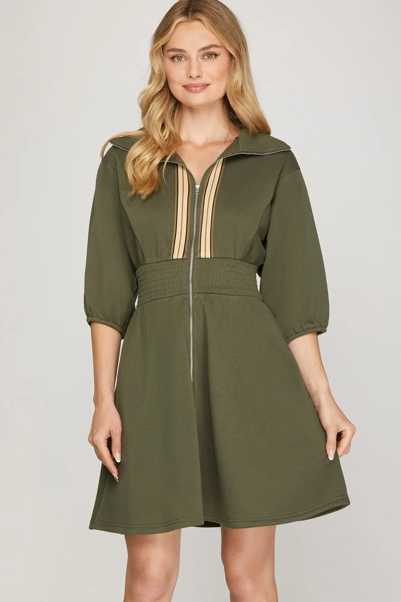 Olive Half Sleeve Zip Up Mini Dress