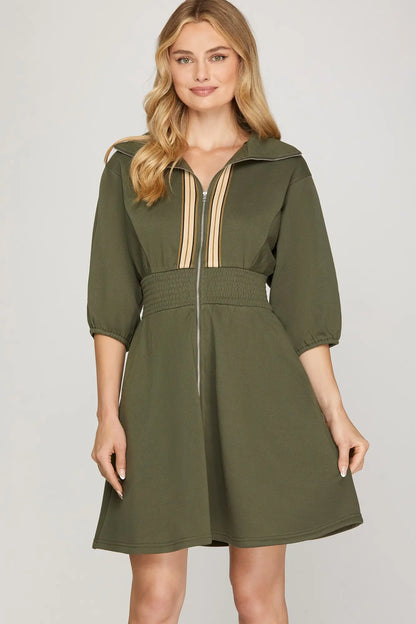 Olive Half Sleeve Zip Up Mini Dress