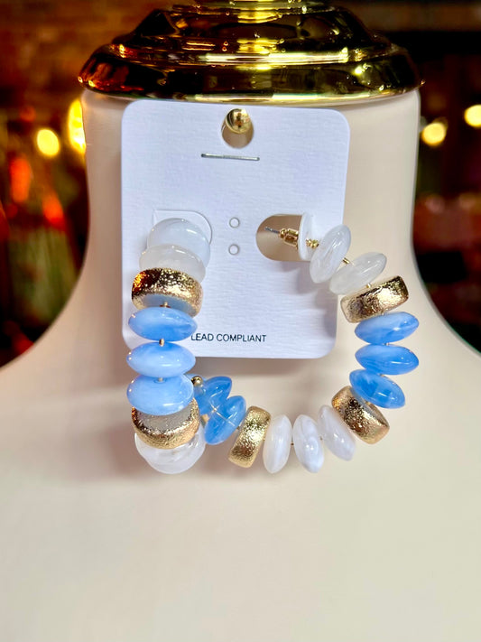 Blue/White/Gold Rondelle Beaded Hoops