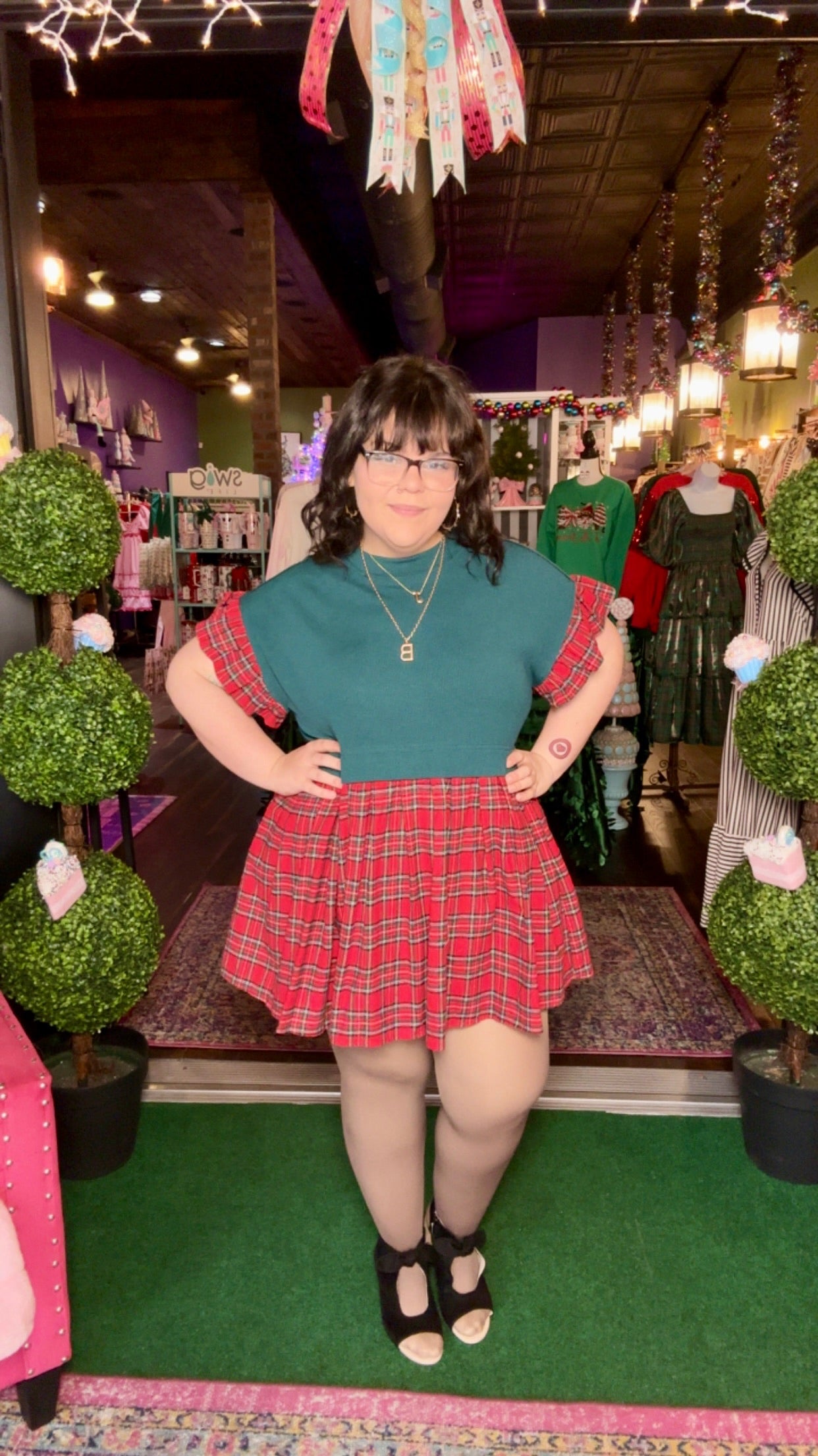 Hunter Green Contrast Plaid Mini Dress
