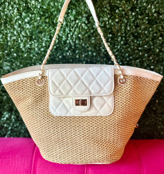 Natural & White Straw Tote Bag
