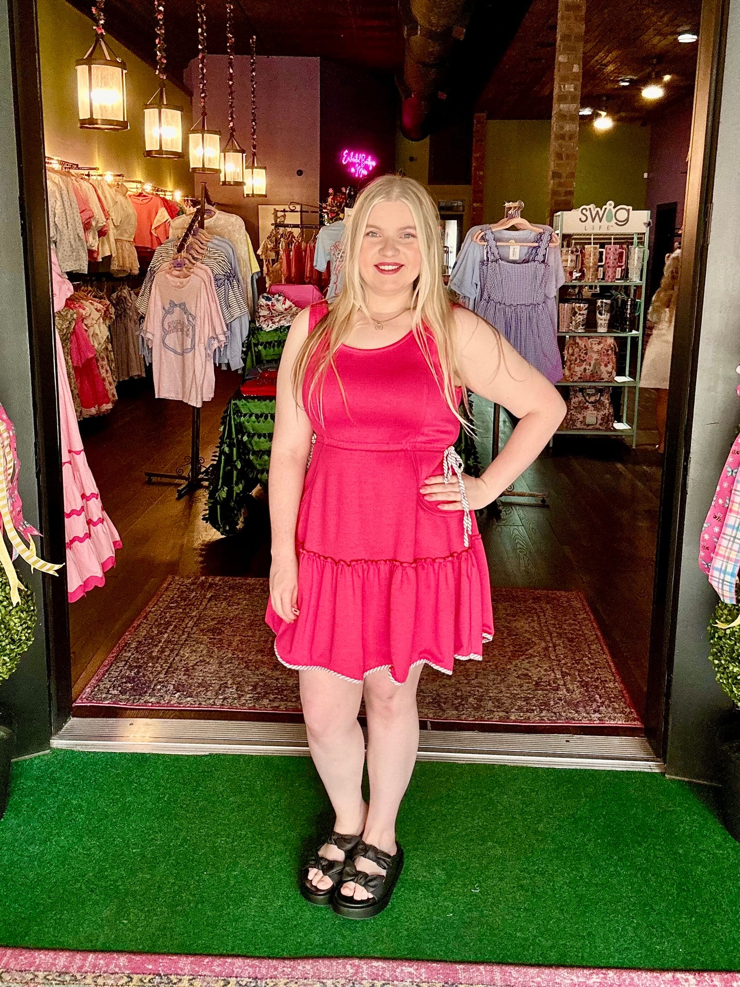 Hot Pink Nautical-Inspired Tiered Mini Dress