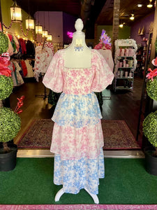 Pink & Blue Floral Tiered Midi Dress