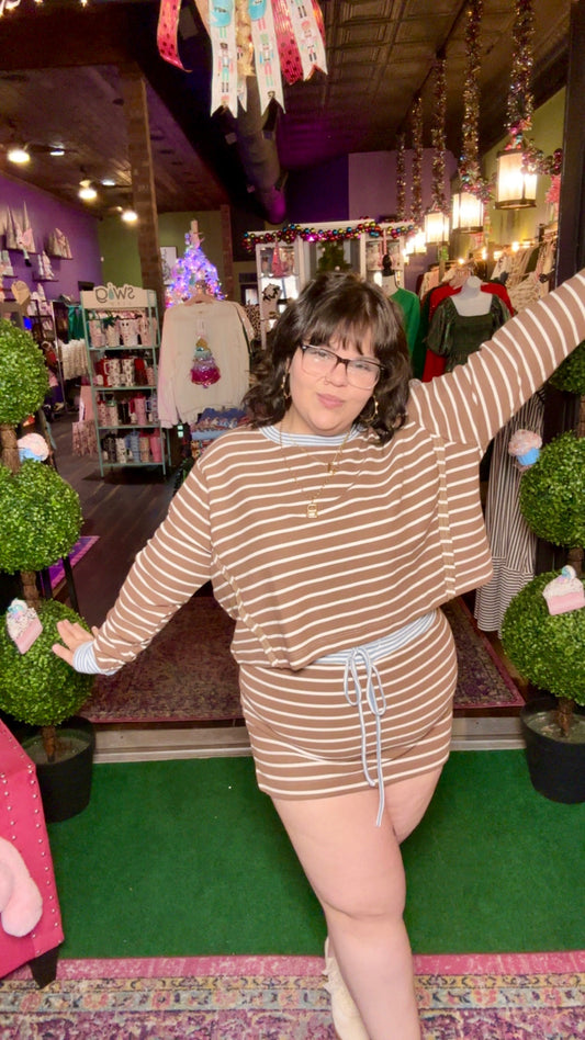 Mocha Striped Long Sleeve Top & Skirt Set