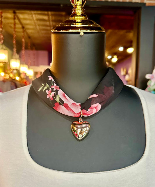 Floral Scarf & Heart Charm Necklace