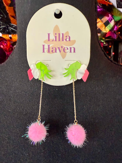 Grinch Hand & Pompom Drop Earrings