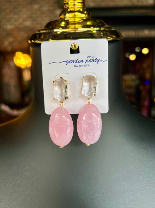 Pink Jewel & Oval Stone Drop Earrings