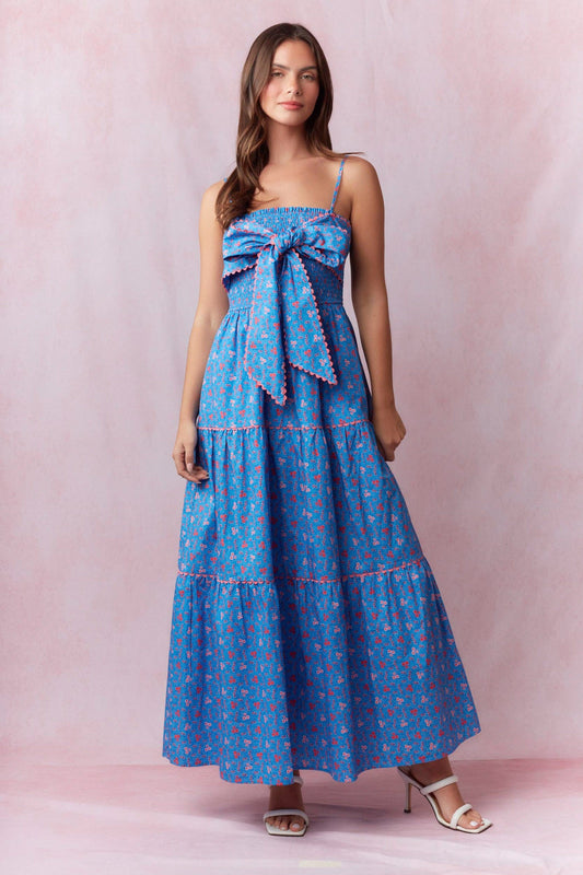 Blue Floral Front Bow Tie Maxi Dress