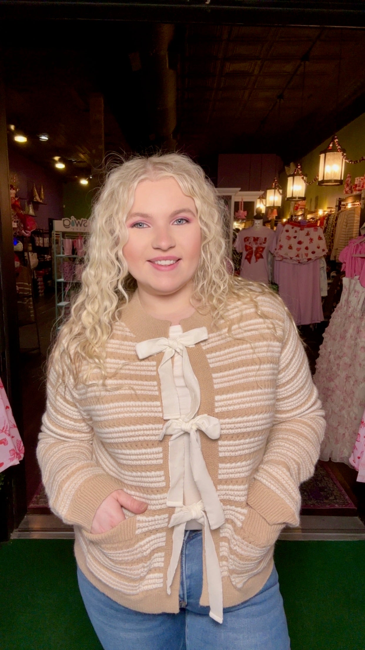 Taupe & Ivory Striped Bow Cardigan