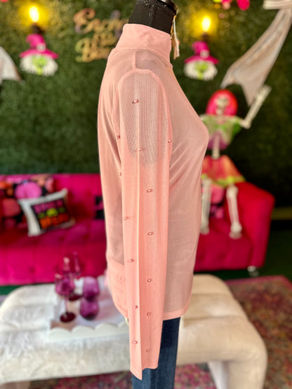 Pink Pearl High Neck Mesh Top