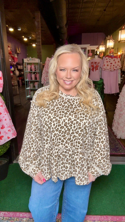 Leopard Print French Terry Ruffle Hem Sweatshirt