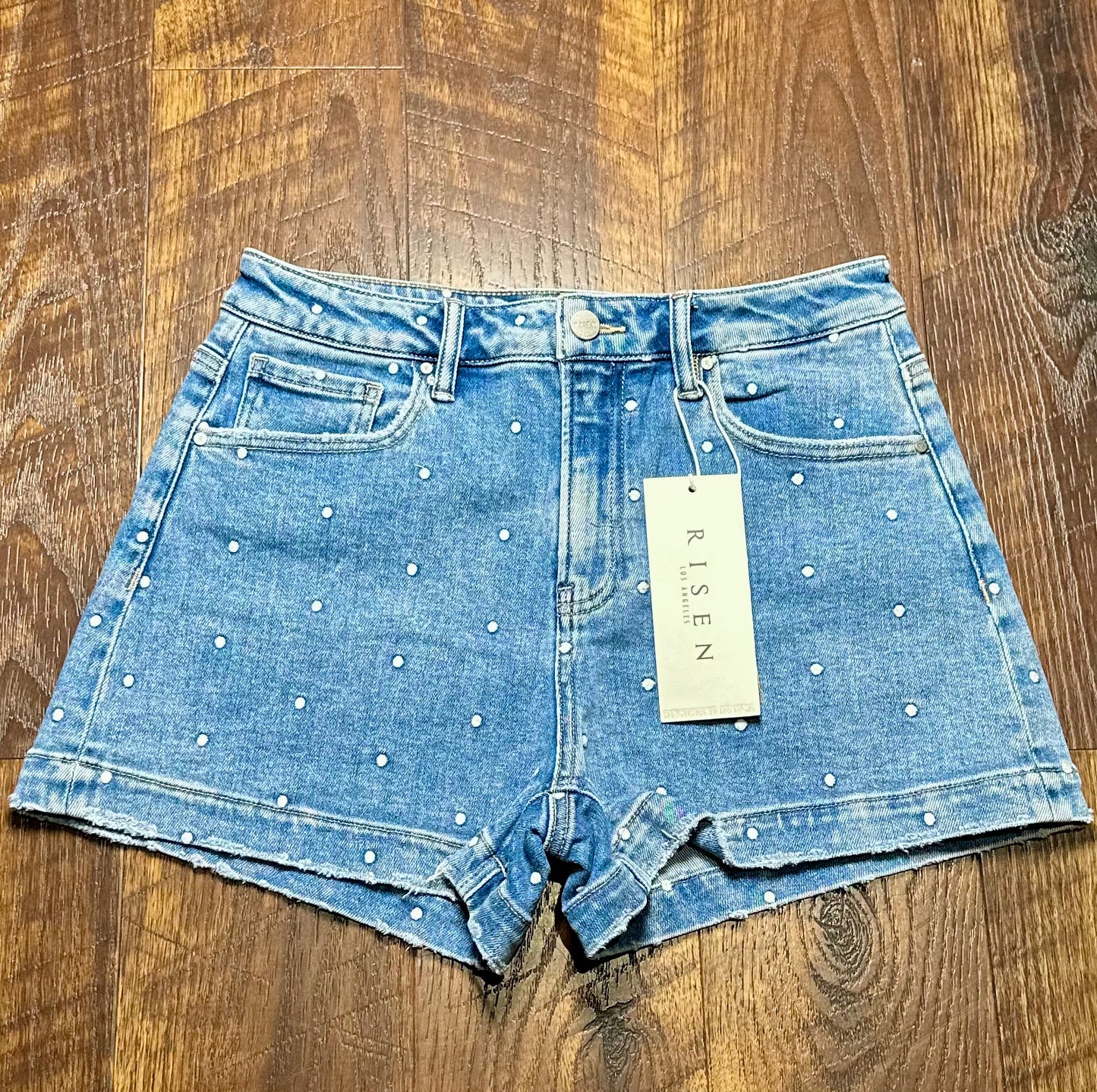 Risen Polka Dot Denim Shorts