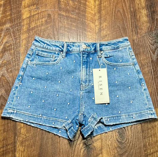 Risen Polka Dot Denim Shorts