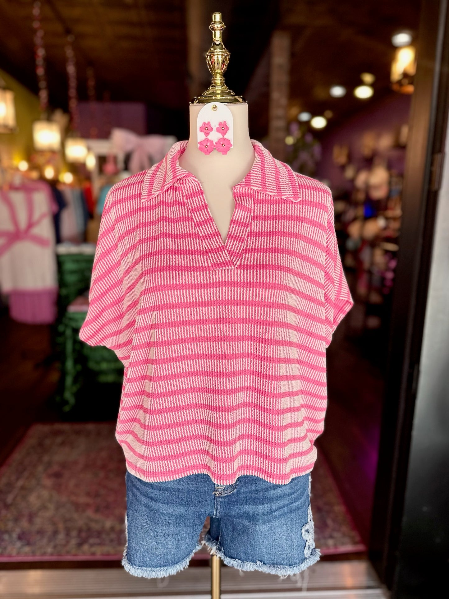 Hot Pink Striped Collared Ribbed Top
