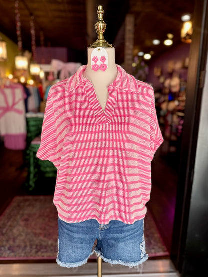 Hot Pink Striped Collared Ribbed Top
