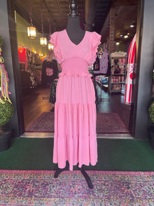 Pink Flutter Sleeve Maxi Dress