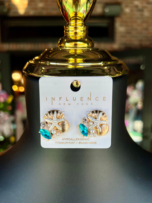 Jewel & Pearl Studded Starfish & Shell Studs