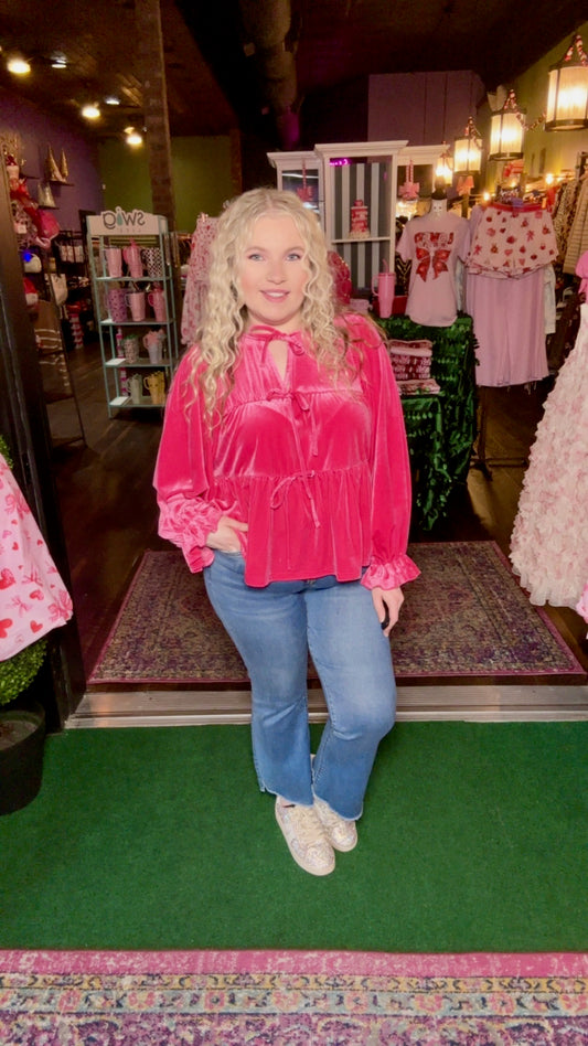 Fuchsia Velvet Bow Tie Babydoll Top