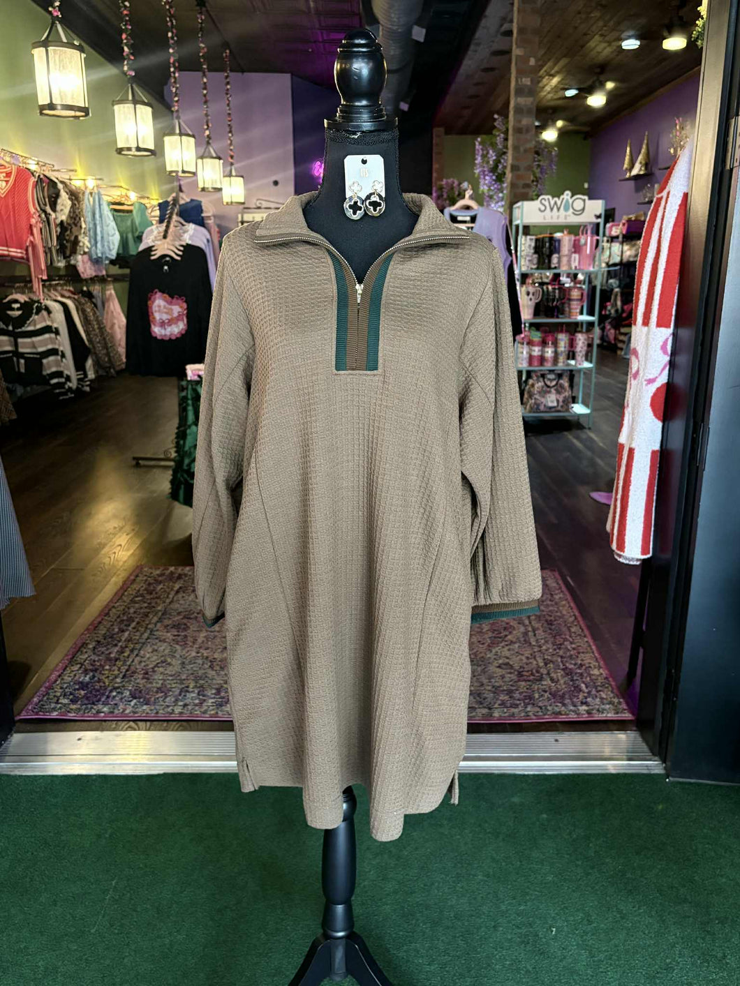 Coffee Waffle Knit Quarter Zip Dress