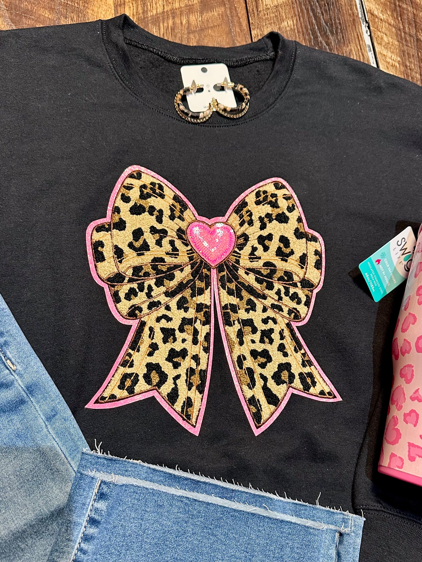 Leopard Bow & Pink Glitter Side Bows Sweatshirt