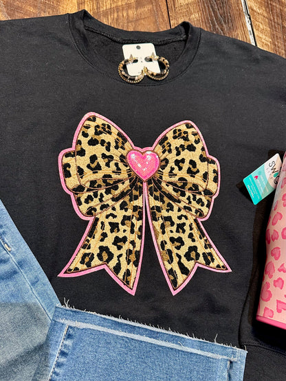 Leopard Bow & Pink Glitter Side Bows Sweatshirt