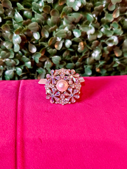 Pearl Center Rhinestone Embellished Blossom Ring