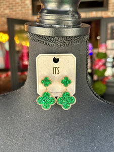 Green Glitter Clover Earrings