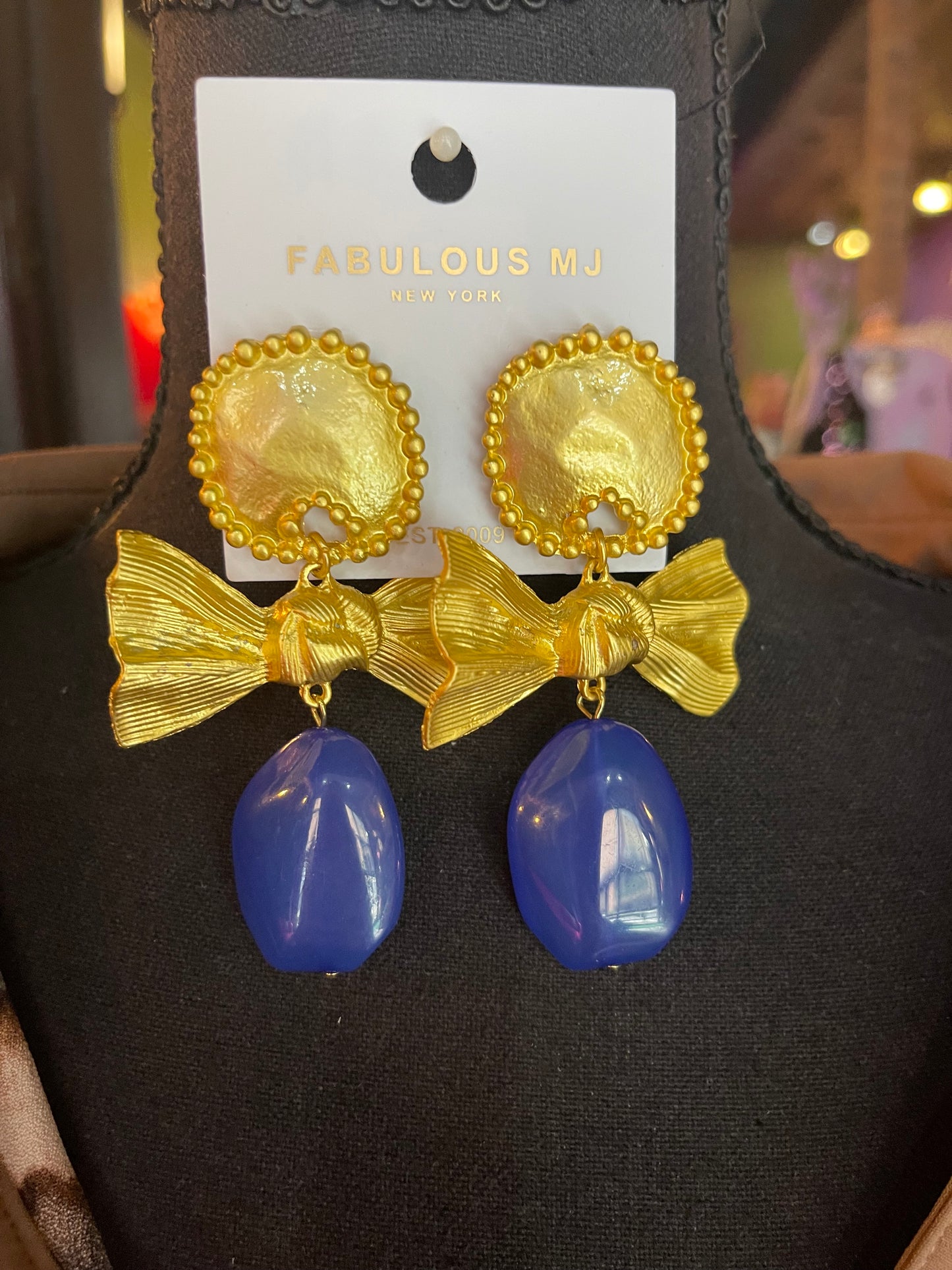Gold Bow & Royal Blue Stone Drop Earrings