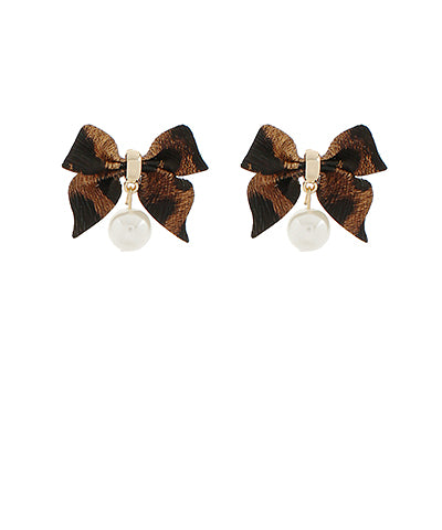 Fall Leather Bow & Pearl Drop Earrings