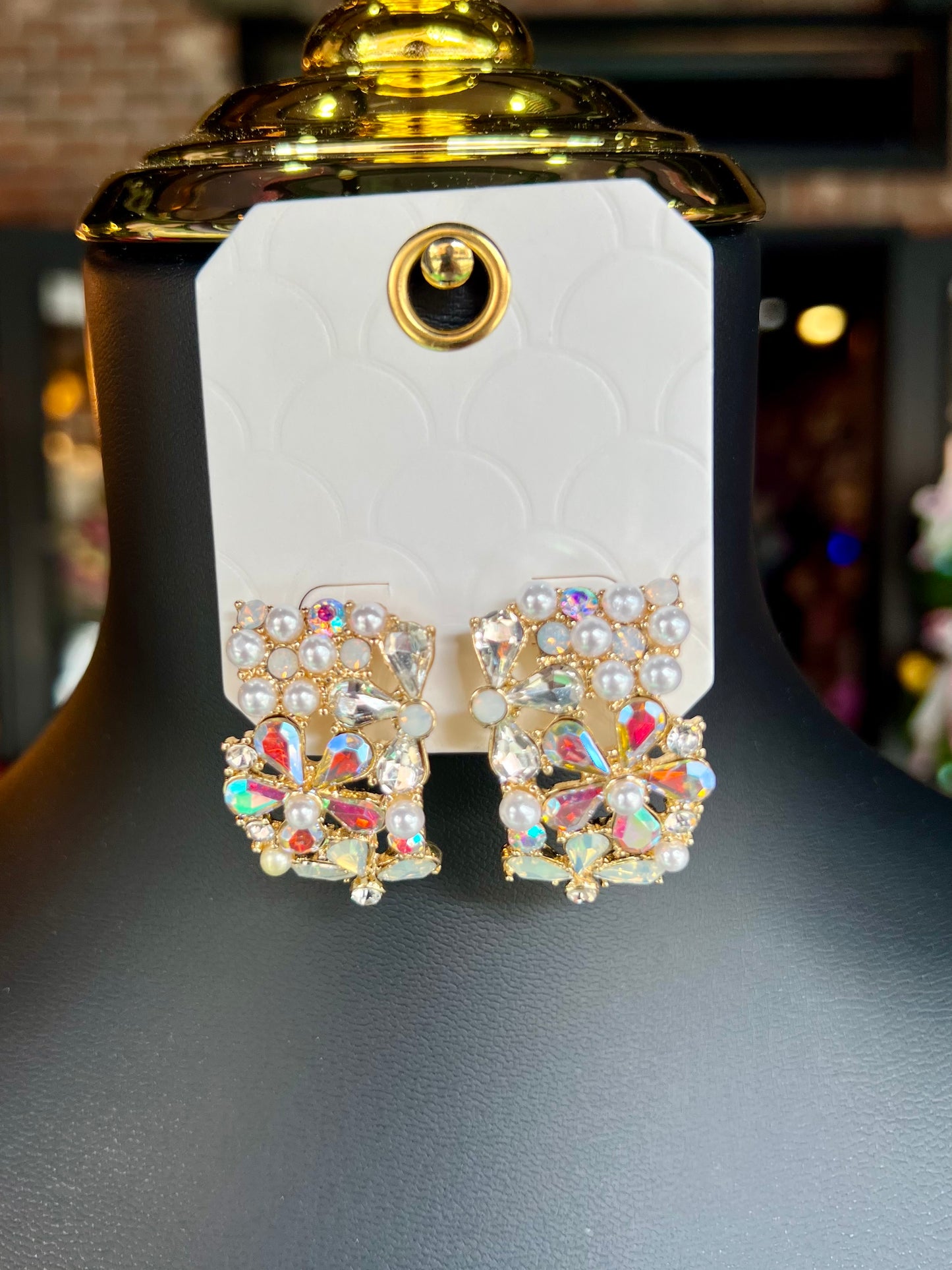 Jeweled & Pearl Embellished Curved Floral Earrings