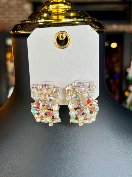 Jeweled & Pearl Embellished Curved Floral Earrings