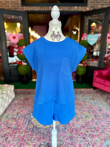 Textured Royal Blue Short sleeve & Shorts set